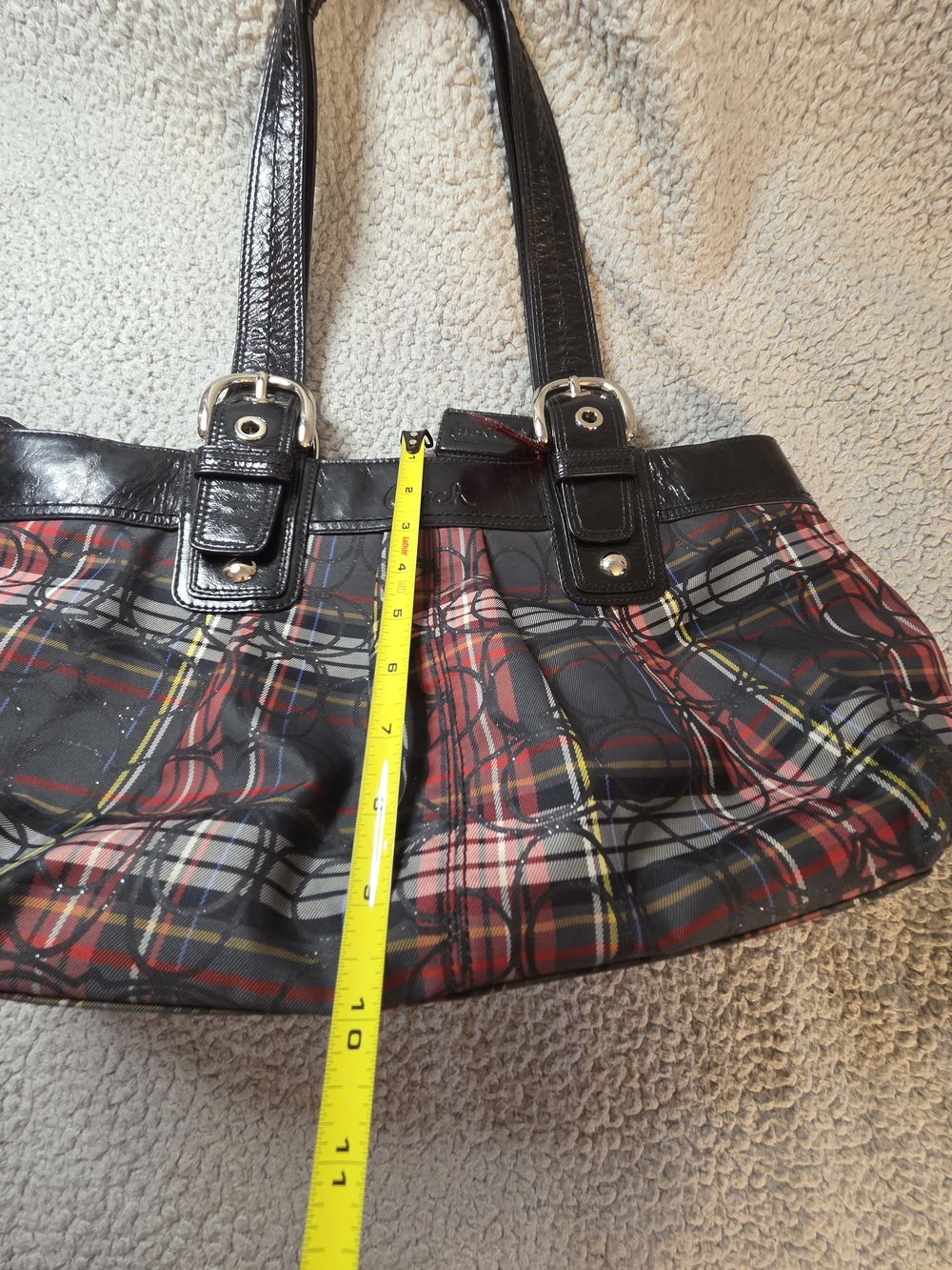 Coach Plaid Shoulder Bag with Black Trim and Red Accent - Picture 9 of 11